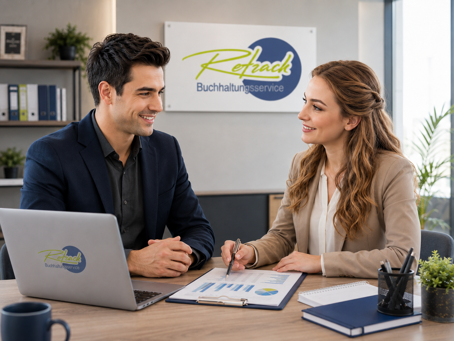Buchhalterin bespricht Lohnbuchhaltung und digitale Auswertungen mit einem Unternehmenskunden im modernen Büro