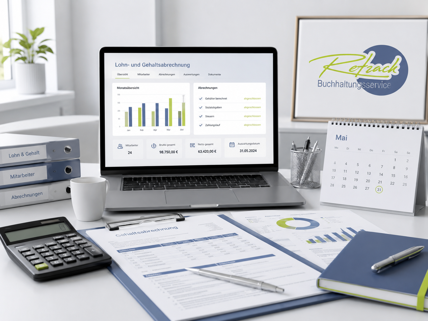 Grafische Darstellung von Finanzbuchhaltung und Lohnbuchhaltung mit Laptop, Abrechnungsunterlagen, Diagrammen, Taschenrechner und Retzack Buchhaltungsservice Logo